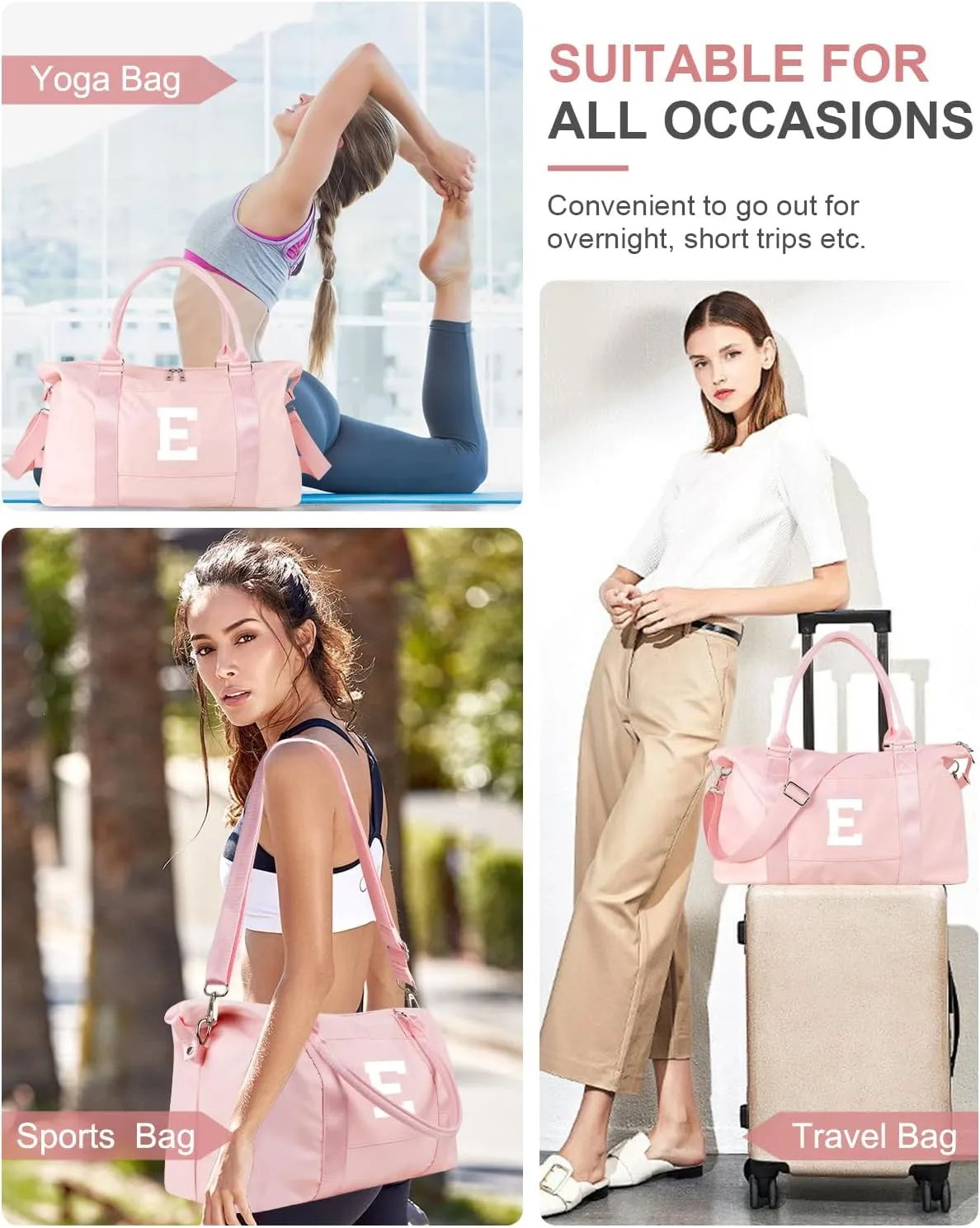 Initial Travel Duffel Bag Sports Gym Bag for Girls Teen Birthday Gifts,Pink Personalized Weekender Carry On Tote Bags for Women Men,Waterproof Overnight Luggage Bag with Trolley Sleeve(Letter E)
