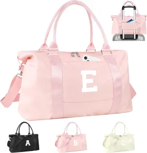 Initial Travel Duffel Bag Sports Gym Bag for Girls Teen Birthday Gifts,Pink Personalized Weekender Carry On Tote Bags for Women Men,Waterproof Overnight Luggage Bag with Trolley Sleeve(Letter E)