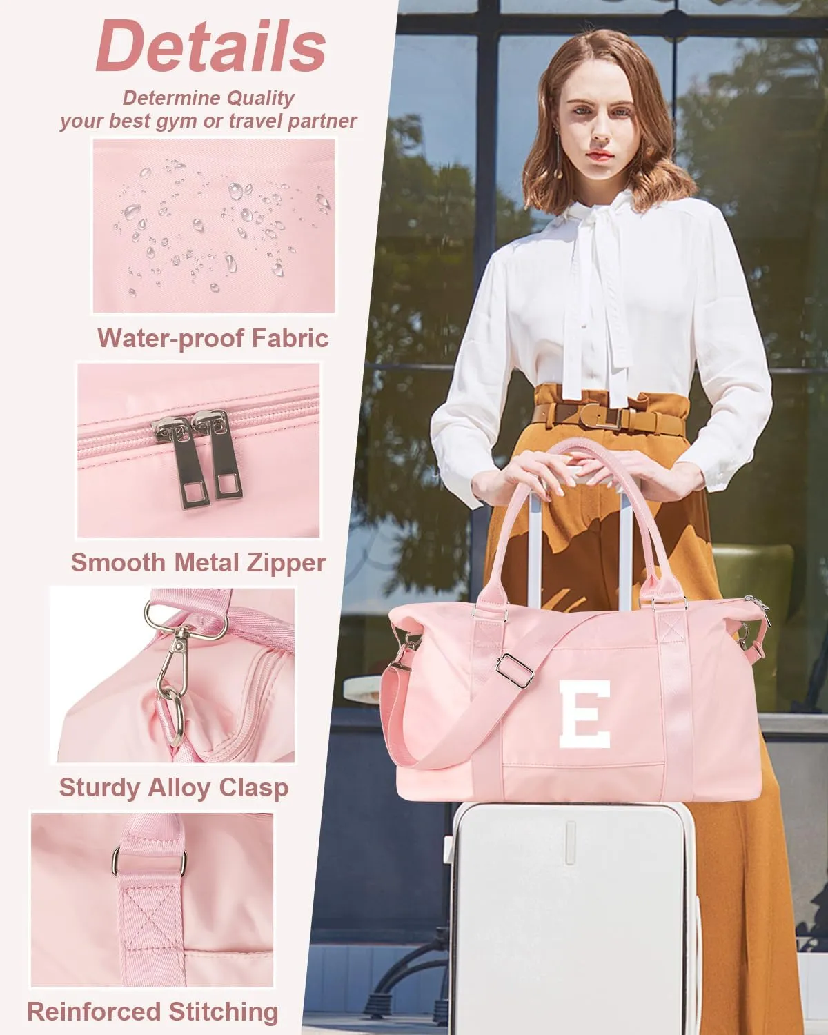 Initial Travel Duffel Bag Sports Gym Bag for Girls Teen Birthday Gifts,Pink Personalized Weekender Carry On Tote Bags for Women Men,Waterproof Overnight Luggage Bag with Trolley Sleeve(Letter E)