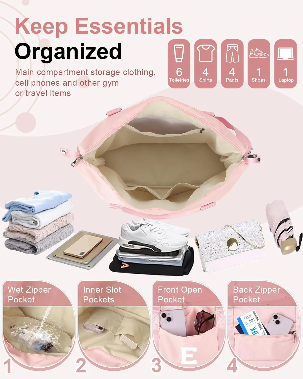 Initial Travel Duffel Bag Sports Gym Bag for Girls Teen Birthday Gifts,Pink Personalized Weekender Carry On Tote Bags for Women Men,Waterproof Overnight Luggage Bag with Trolley Sleeve(Letter E)