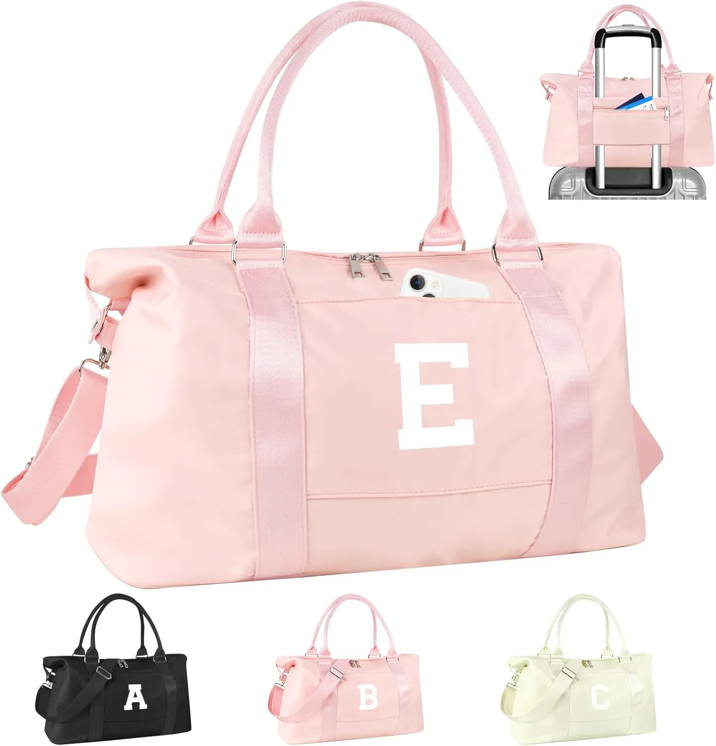 Initial Travel Duffel Bag Sports Gym Bag for Girls Teen Birthday Gifts,Pink Personalized Weekender Carry On Tote Bags for Women Men,Waterproof Overnight Luggage Bag with Trolley Sleeve(Letter E)