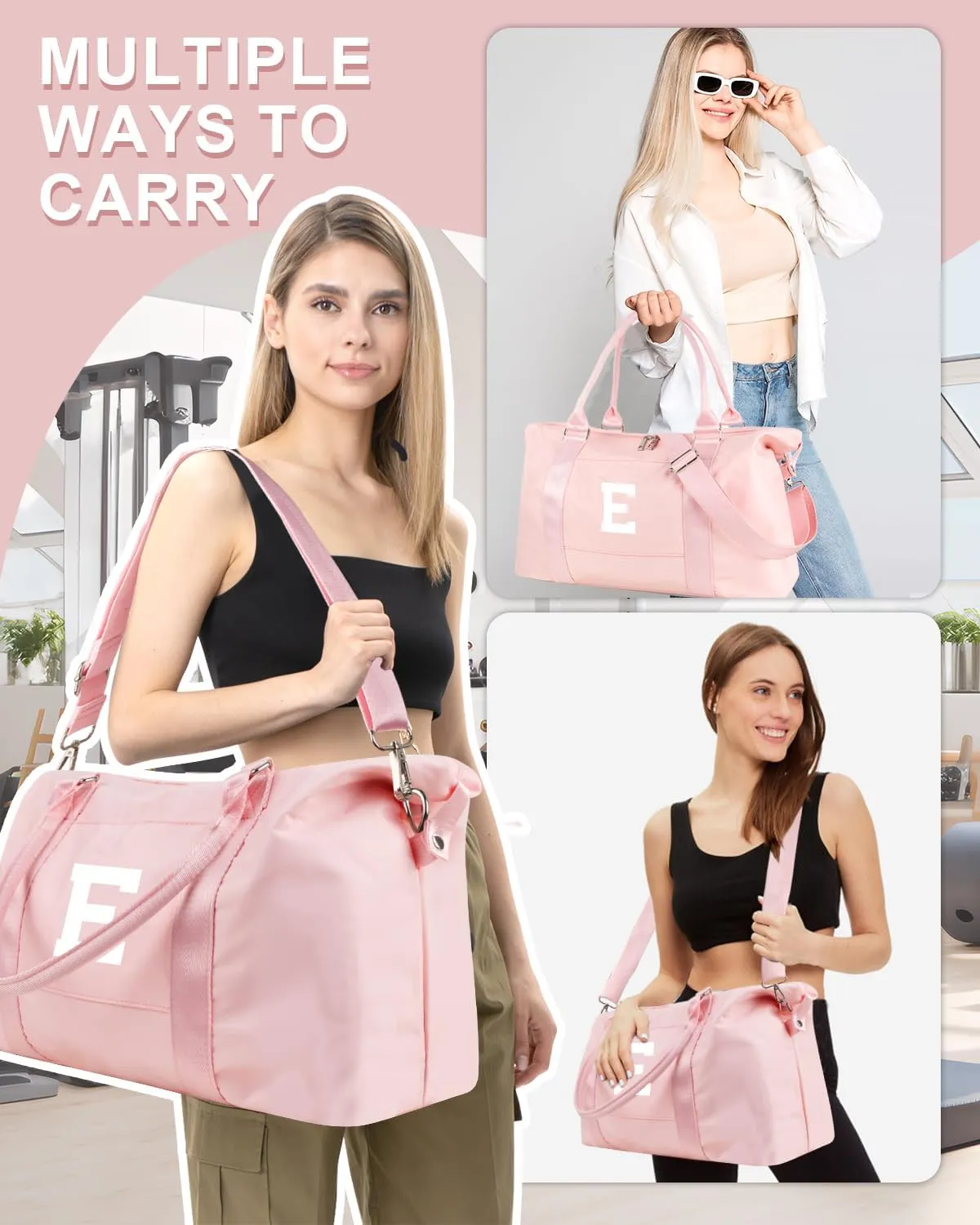 Initial Travel Duffel Bag Sports Gym Bag for Girls Teen Birthday Gifts,Pink Personalized Weekender Carry On Tote Bags for Women Men,Waterproof Overnight Luggage Bag with Trolley Sleeve(Letter E)