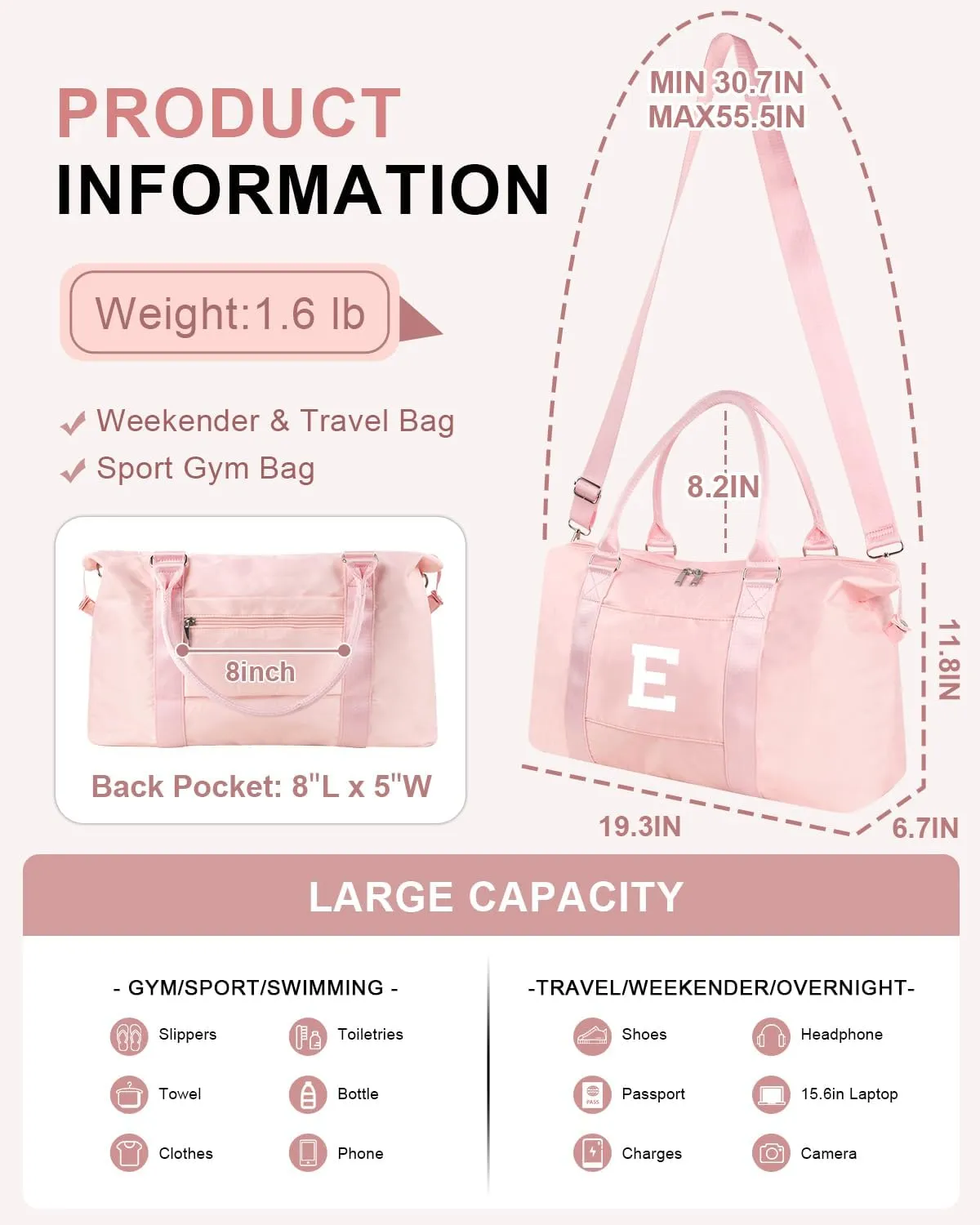 Initial Travel Duffel Bag Sports Gym Bag for Girls Teen Birthday Gifts,Pink Personalized Weekender Carry On Tote Bags for Women Men,Waterproof Overnight Luggage Bag with Trolley Sleeve(Letter E)
