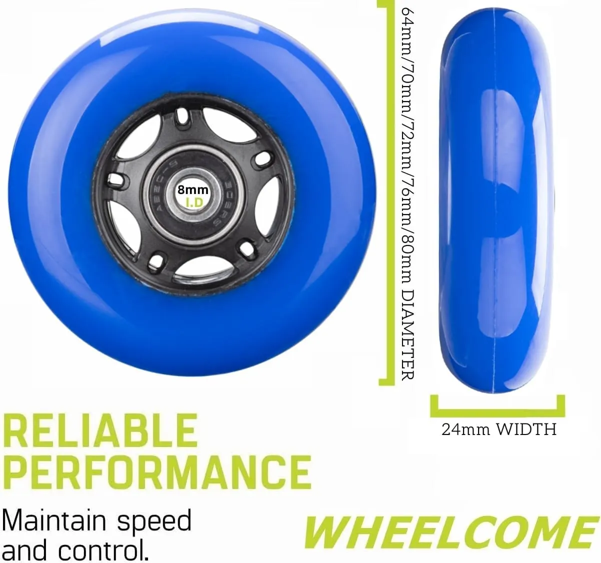 Inline Skate Wheels Outdoor & Indoor Blade Roller Skate Wheel 85a Roller Hockey Wheels w/Bearings ABEC-9 for Scooter Luggage Repair, 64mm 70mm 72mm 76mm 80mm Dia, 8-Pack