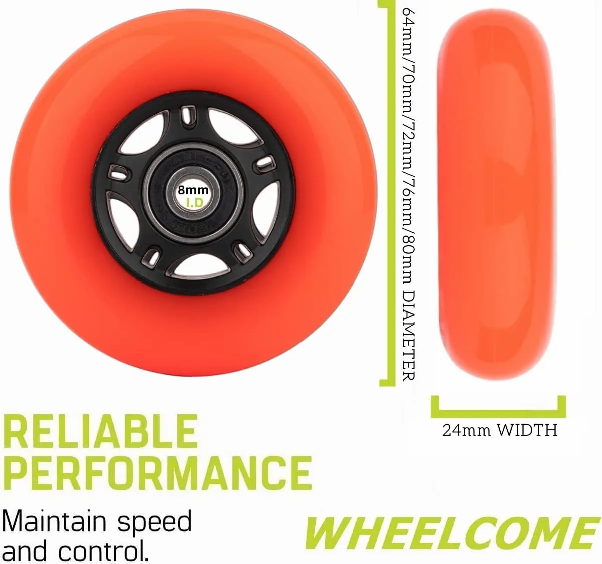 Inline Skate Wheels with Bearings ABEC-9 and Floating Spacers for Blades Roller Hockey Skates, 85A Indoor & Outdoor, 64mm/70mm/72mm/76mm/80mm Dia, 4-Pack (Orange, 64mm)