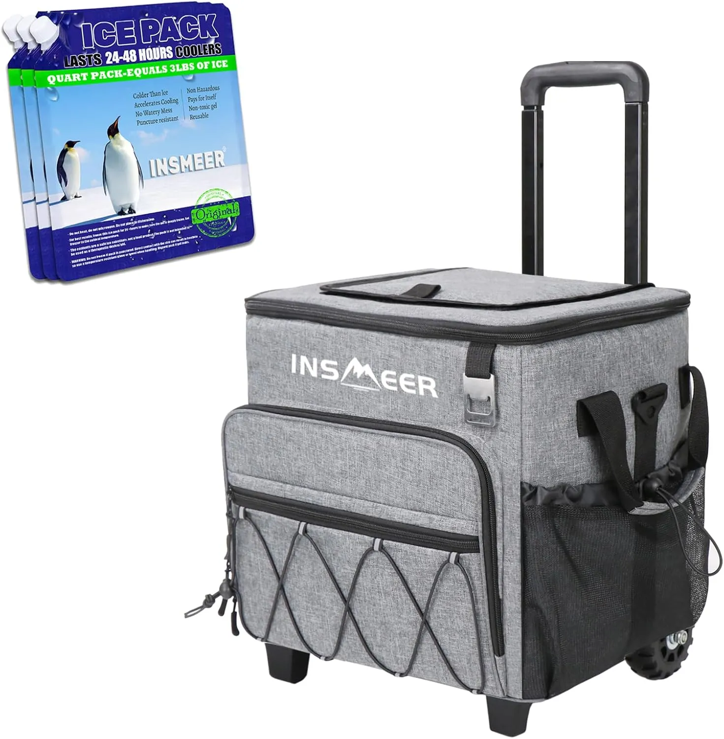 INSMEER 60 Can/40L Rolling Cooler with Wheels & 3-Pack Leak-Proof Ice Packs for Ultimate Portability & Cooling: Perfect for Beach, Camping, Picnics, Grocery Shopping & Travel