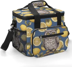 Insulated Camping Cooler Bag, Lemon and Owl Print Ice Pack with Leakproof Lining 22.5L Capacity Portable Thermal Bag for Camping,Picnic