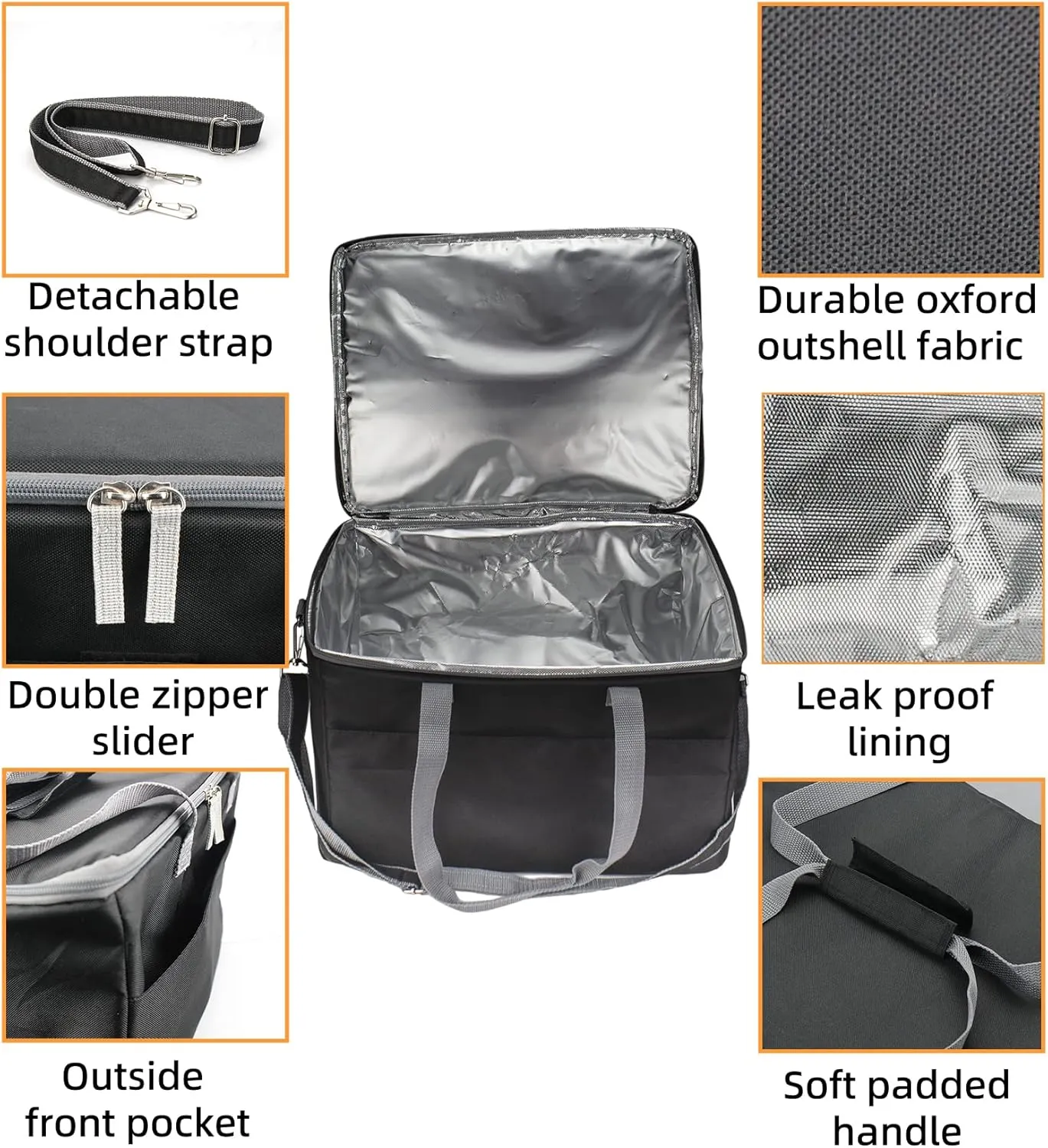Insulated Cooler Bag, Leakproof Reusable Grocery Shopping Bag with Double Zippers and Detachable Shoulder Strap, 28L