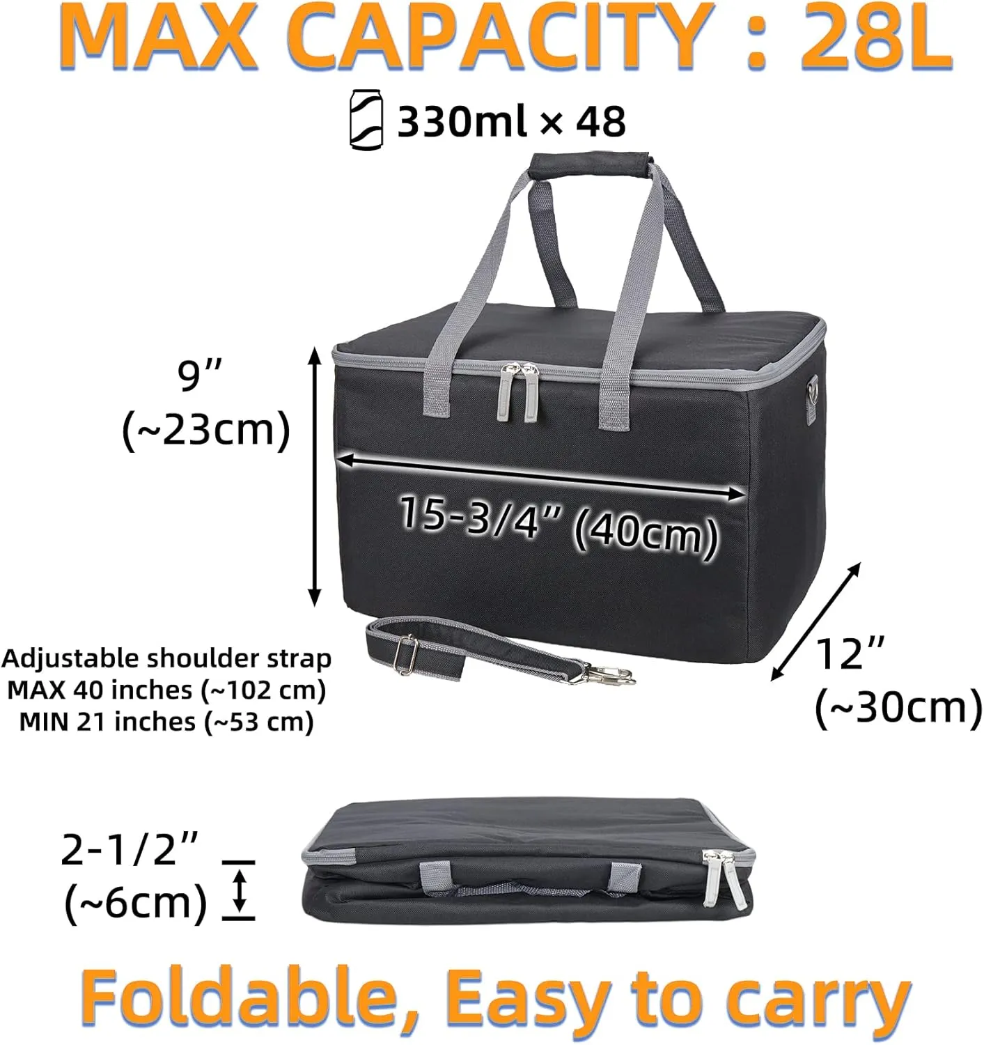 Insulated Cooler Bag, Leakproof Reusable Grocery Shopping Bag with Double Zippers and Detachable Shoulder Strap, 28L
