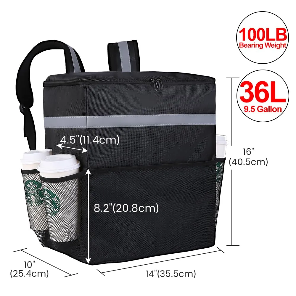 Insulated Food Delivery Backpack with 4 Cup Holder, Cooler Bags, Insulated Food Delivery Bag for Hot/Cold Food for Bike, Insulated Reusable Grocery Shopping Backpack for Doordash（Black）