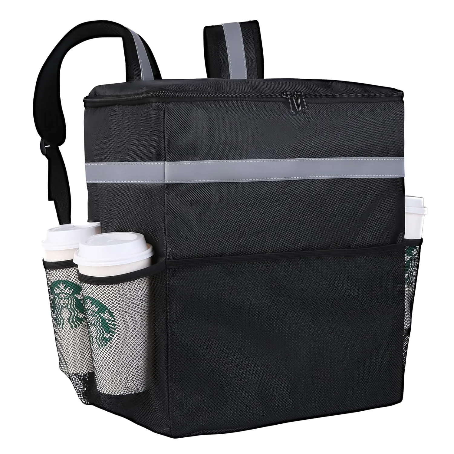 Insulated Food Delivery Backpack with 4 Cup Holder, Cooler Bags, Insulated Food Delivery Bag for Hot/Cold Food for Bike, Insulated Reusable Grocery Shopping Backpack for Doordash（Black）