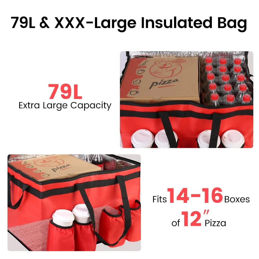 Insulated Food Delivery Bag with 4 Cup Holder, XXX-Large Insulated Grocery Bags with Zippered Top, Cooler Bags with Drink Carrier, Food Carrier Catering Bag, Commercial Food Warmers, Red