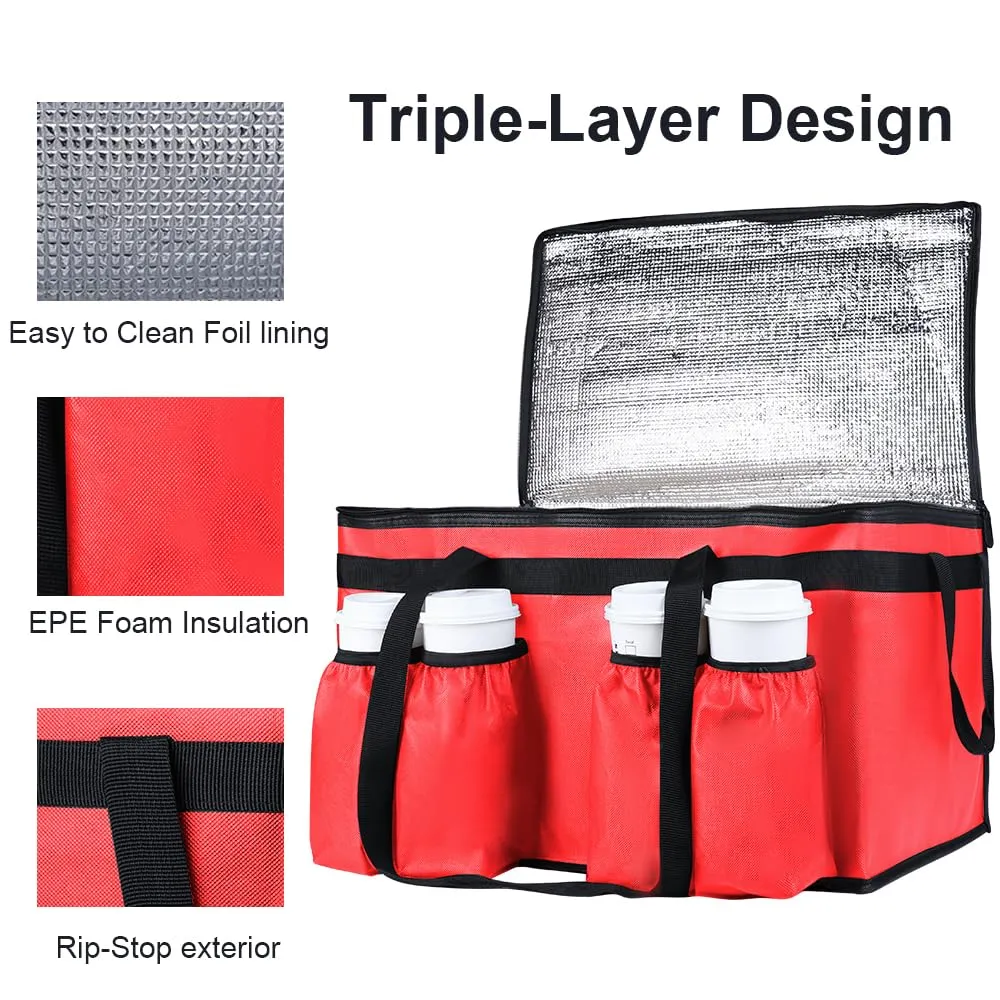 Insulated Food Delivery Bag with 4 Cup Holder, XXX-Large Insulated Grocery Bags with Zippered Top, Cooler Bags with Drink Carrier, Food Carrier Catering Bag, Commercial Food Warmers, Red