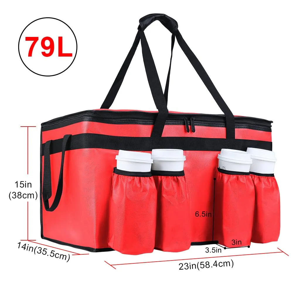 Insulated Food Delivery Bag with 4 Cup Holder, XXX-Large Insulated Grocery Bags with Zippered Top, Cooler Bags with Drink Carrier, Food Carrier Catering Bag, Commercial Food Warmers, Red