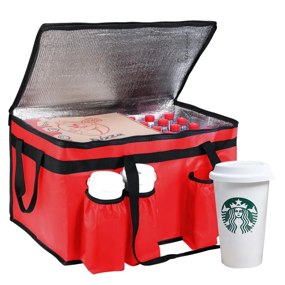 Insulated Food Delivery Bag with 4 Cup Holder, XXX-Large Insulated Grocery Bags with Zippered Top, Cooler Bags with Drink Carrier, Food Carrier Catering Bag, Commercial Food Warmers, Red