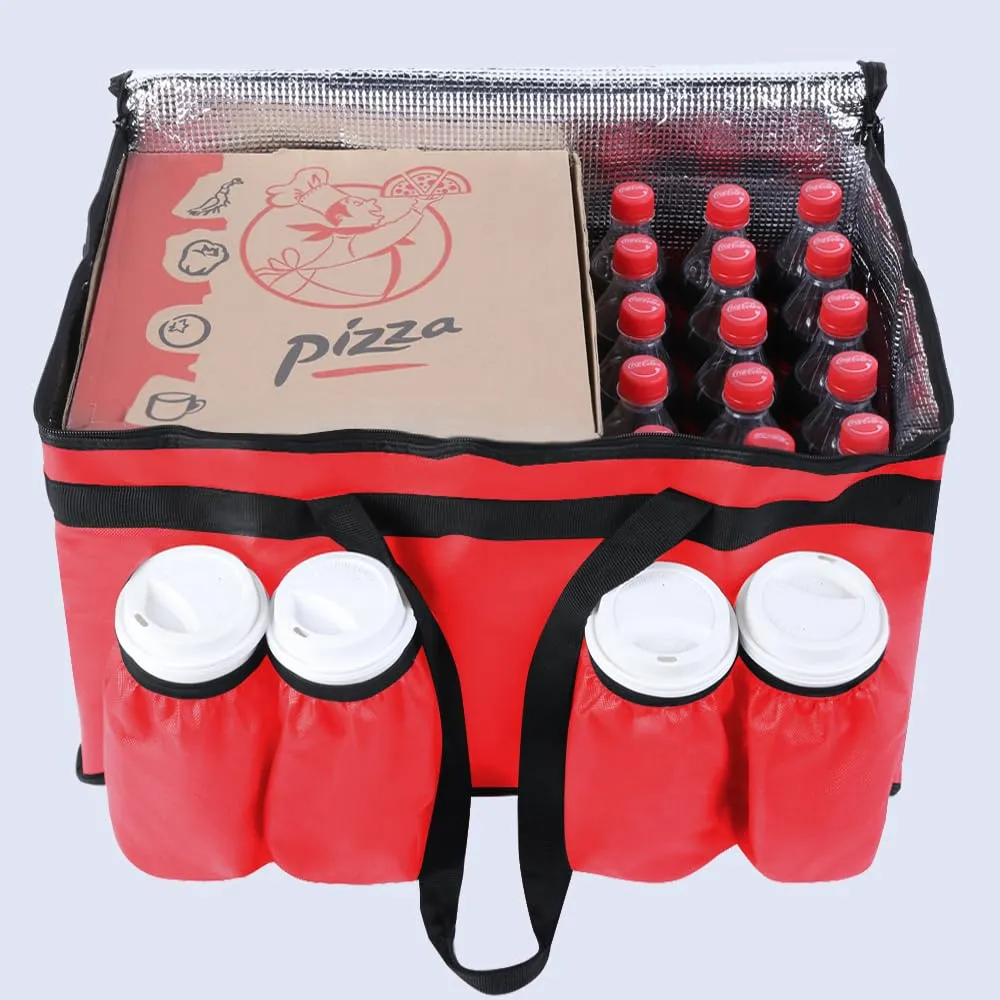 Insulated Food Delivery Bag with 4 Cup Holder, XXX-Large Insulated Grocery Bags with Zippered Top, Cooler Bags with Drink Carrier, Food Carrier Catering Bag, Commercial Food Warmers, Red