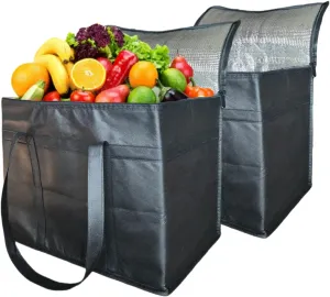 Insulated Grocery Bags with Zipper, 2-Pack, Extra Large, Cooler Shopping Bag for Groceries and Food Delivery, Foldable, Heavy-duty, Reusable, Thermal Cooler Bag