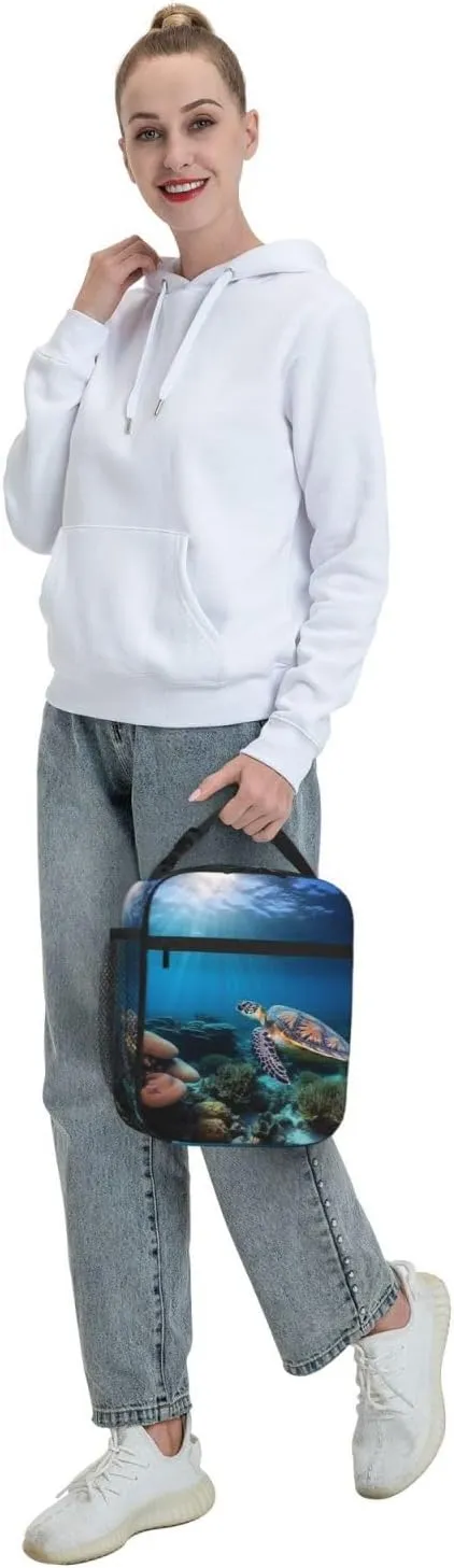 Insulated Lunch Bag for Men Women Reusable Lunch Box Sea Turtle Floating Up and Over Coral Lunchbox Leakproof Cooler Bags for Work Picnic
