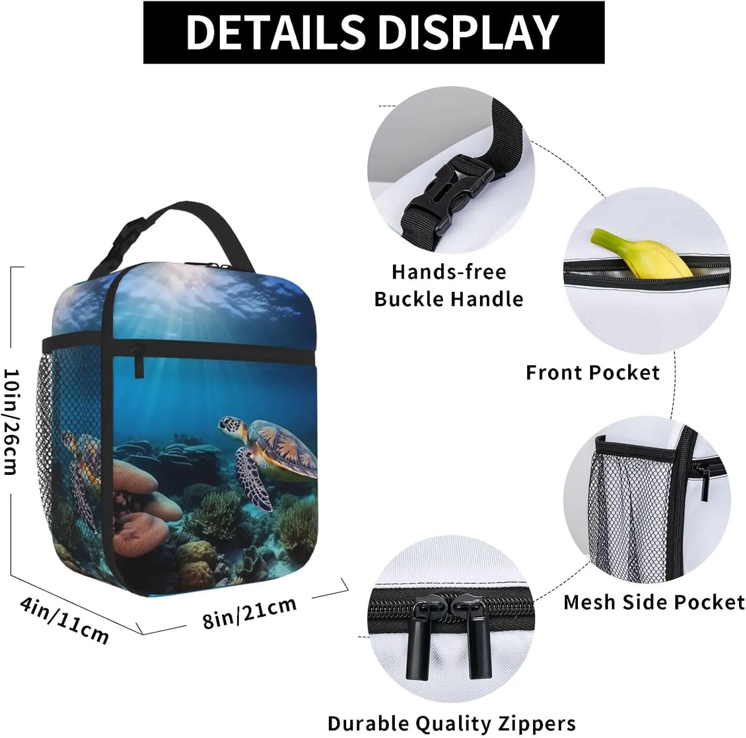 Insulated Lunch Bag for Men Women Reusable Lunch Box Sea Turtle Floating Up and Over Coral Lunchbox Leakproof Cooler Bags for Work Picnic