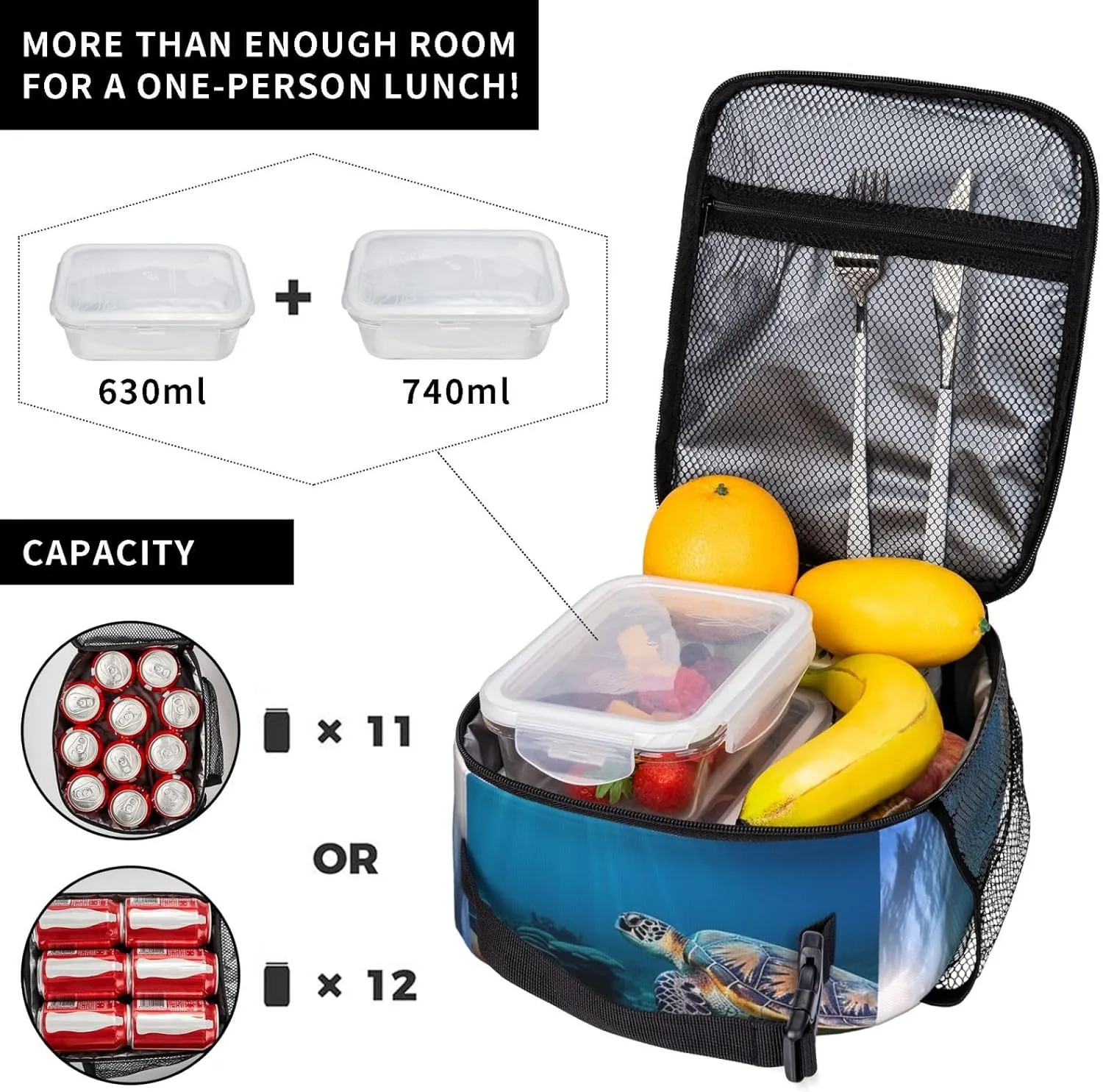 Insulated Lunch Bag for Men Women Reusable Lunch Box Sea Turtle Floating Up and Over Coral Lunchbox Leakproof Cooler Bags for Work Picnic