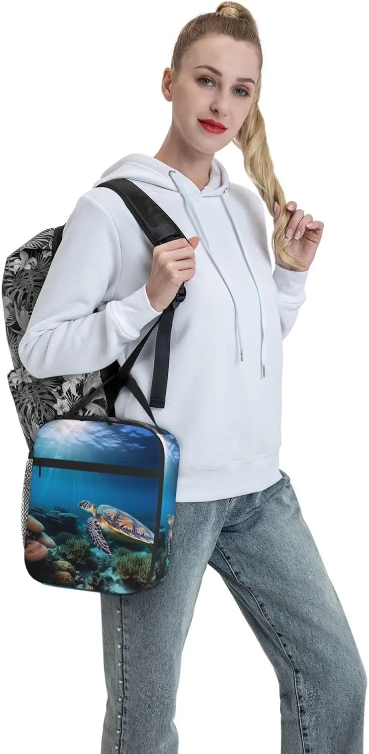 Insulated Lunch Bag for Men Women Reusable Lunch Box Sea Turtle Floating Up and Over Coral Lunchbox Leakproof Cooler Bags for Work Picnic
