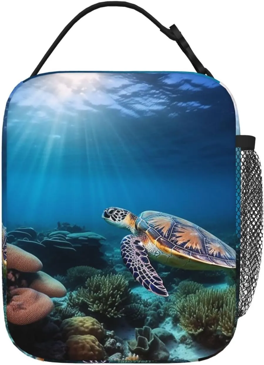 Insulated Lunch Bag for Men Women Reusable Lunch Box Sea Turtle Floating Up and Over Coral Lunchbox Leakproof Cooler Bags for Work Picnic