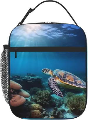 Insulated Lunch Bag for Men Women Reusable Lunch Box Sea Turtle Floating Up and Over Coral Lunchbox Leakproof Cooler Bags for Work Picnic