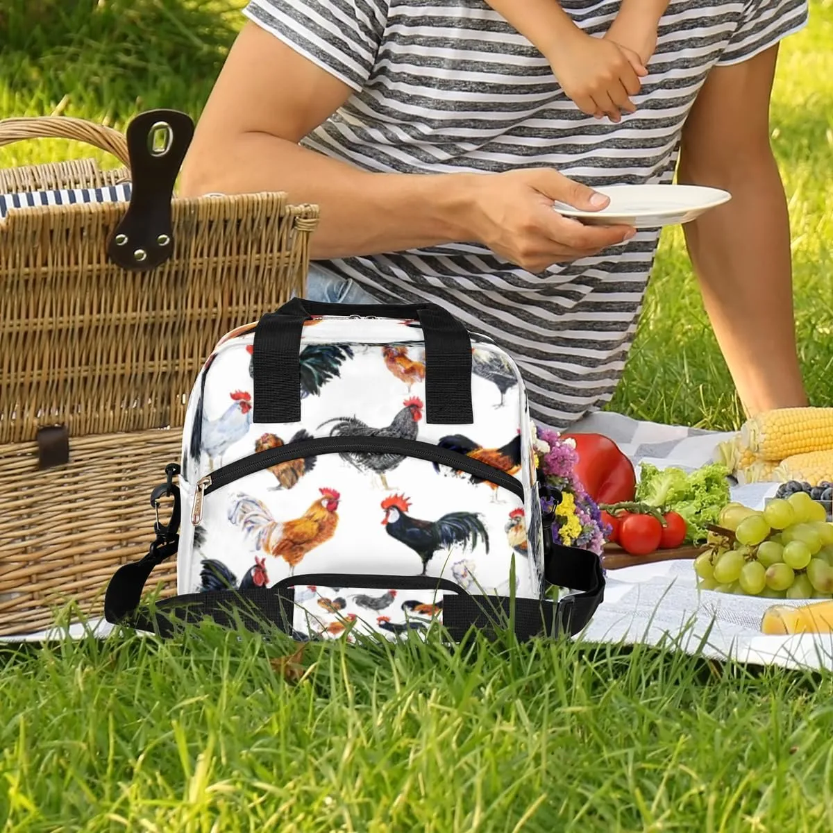 Insulated Lunch Bag for Women Men Chickens Pattern Leakproof Cooler Tote Bag Large Reusable Adult Lunch Box with Adjustable Shoulder Strap for Office Work Picnic Travel Beach