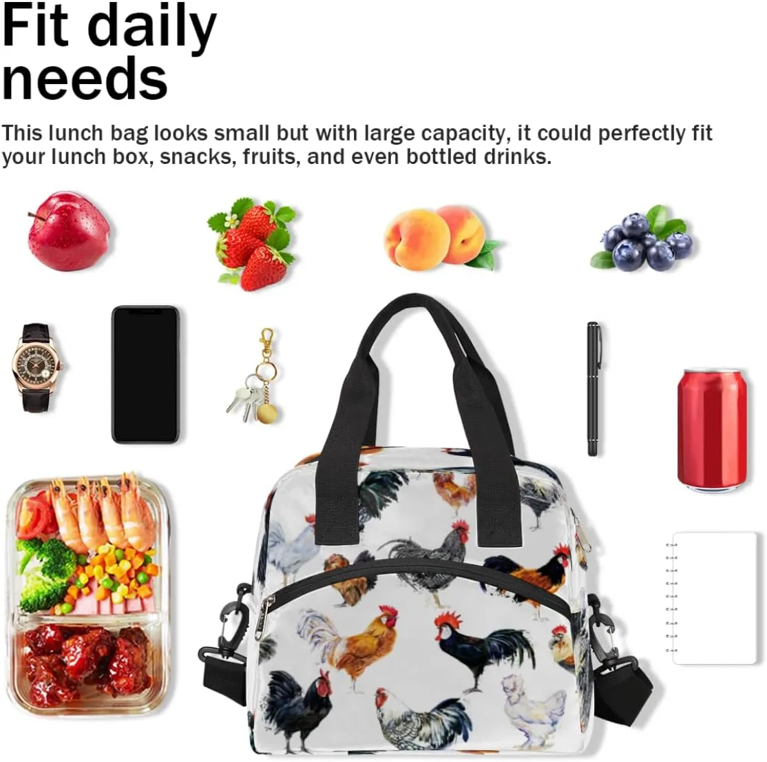 Insulated Lunch Bag for Women Men Chickens Pattern Leakproof Cooler Tote Bag Large Reusable Adult Lunch Box with Adjustable Shoulder Strap for Office Work Picnic Travel Beach