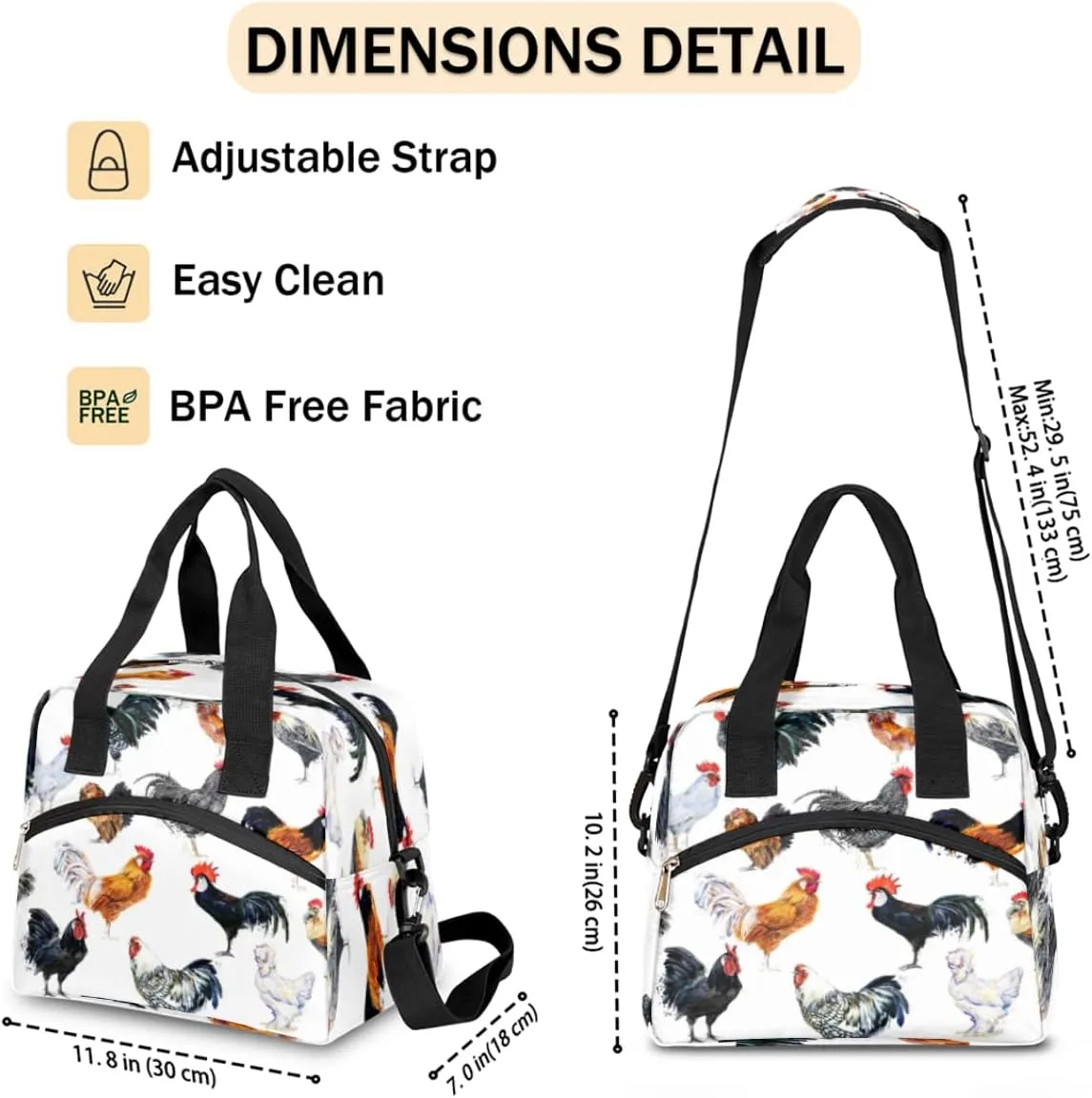 Insulated Lunch Bag for Women Men Chickens Pattern Leakproof Cooler Tote Bag Large Reusable Adult Lunch Box with Adjustable Shoulder Strap for Office Work Picnic Travel Beach