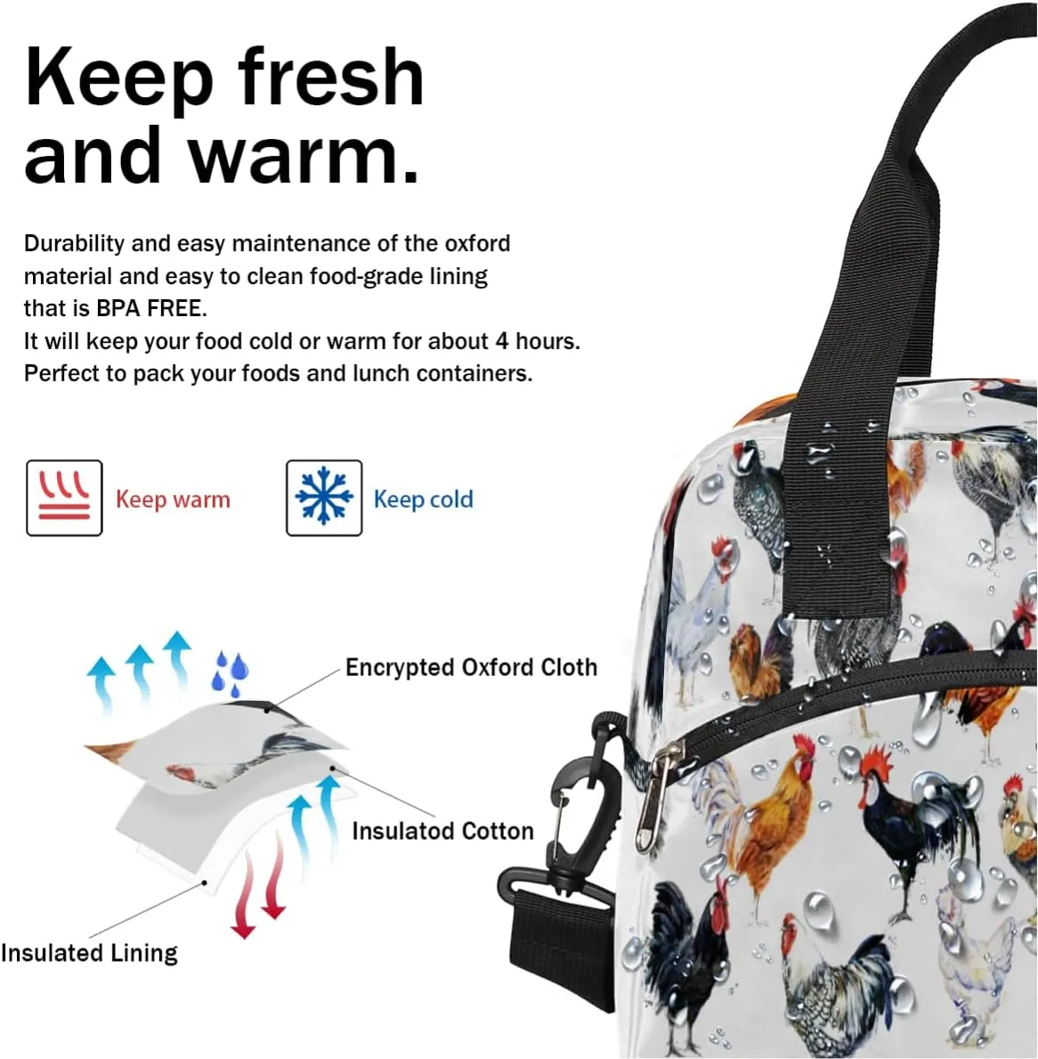 Insulated Lunch Bag for Women Men Chickens Pattern Leakproof Cooler Tote Bag Large Reusable Adult Lunch Box with Adjustable Shoulder Strap for Office Work Picnic Travel Beach