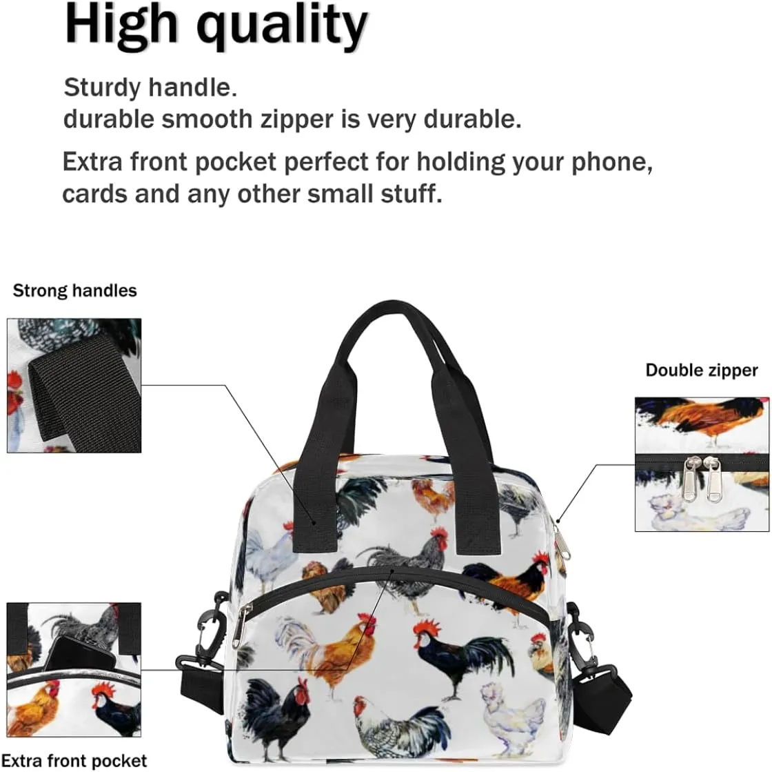Insulated Lunch Bag for Women Men Chickens Pattern Leakproof Cooler Tote Bag Large Reusable Adult Lunch Box with Adjustable Shoulder Strap for Office Work Picnic Travel Beach