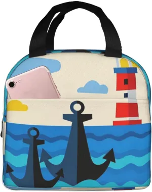Insulated Lunch Bag for Women Men, Reusable Aluminum Foil Lunch Box, Leakproof Thermal Meal Cooler Shopping Grocery Tote Bag Handbags for Office Work Picnic, Ocean Anchor Lighthouse