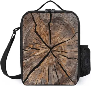 Insulated Lunch Bag Leakproof Portable Lunch Box Adjustable Shoulder Strap Tree Stump Wood Grain Printing Cooler Bag For Office Work Picnic