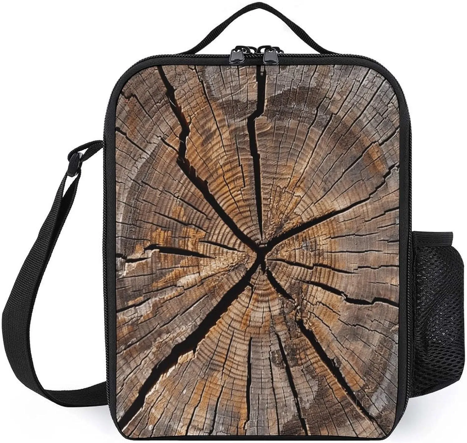 Insulated Lunch Bag Leakproof Portable Lunch Box Adjustable Shoulder Strap Tree Stump Wood Grain Printing Cooler Bag For Office Work Picnic