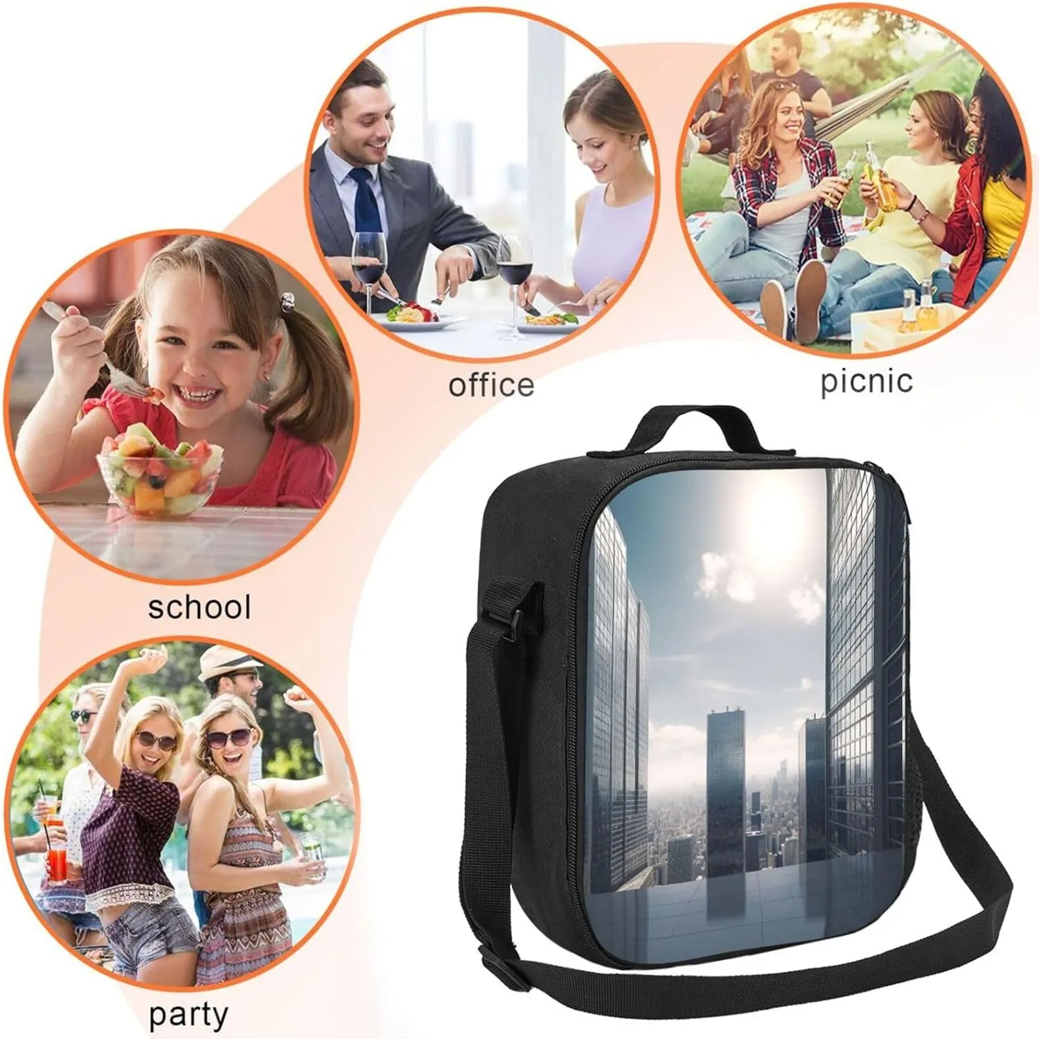 Insulated Lunch Bags for Women Skyscraper Buildings Reusable Lunch Boxes Waterproof Shoulder Bag Lunch Cooler Bag for Work