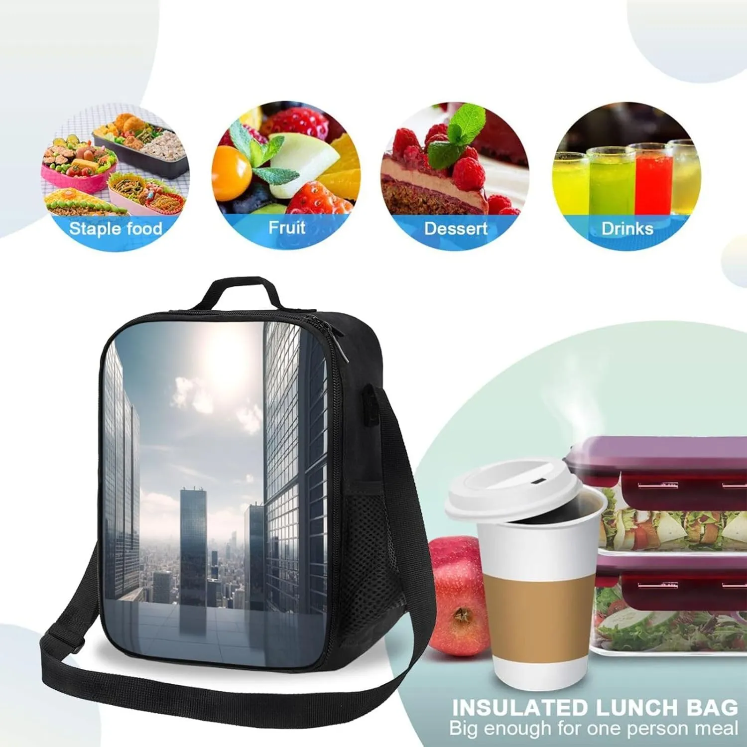Insulated Lunch Bags for Women Skyscraper Buildings Reusable Lunch Boxes Waterproof Shoulder Bag Lunch Cooler Bag for Work