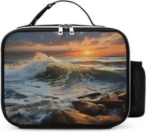 Insulated Lunch Box Tote Bag Rocky Wave Sunset Print Personalized Insulated Lunch Bags Leather Thermal Meal Pack with Detachable Handle