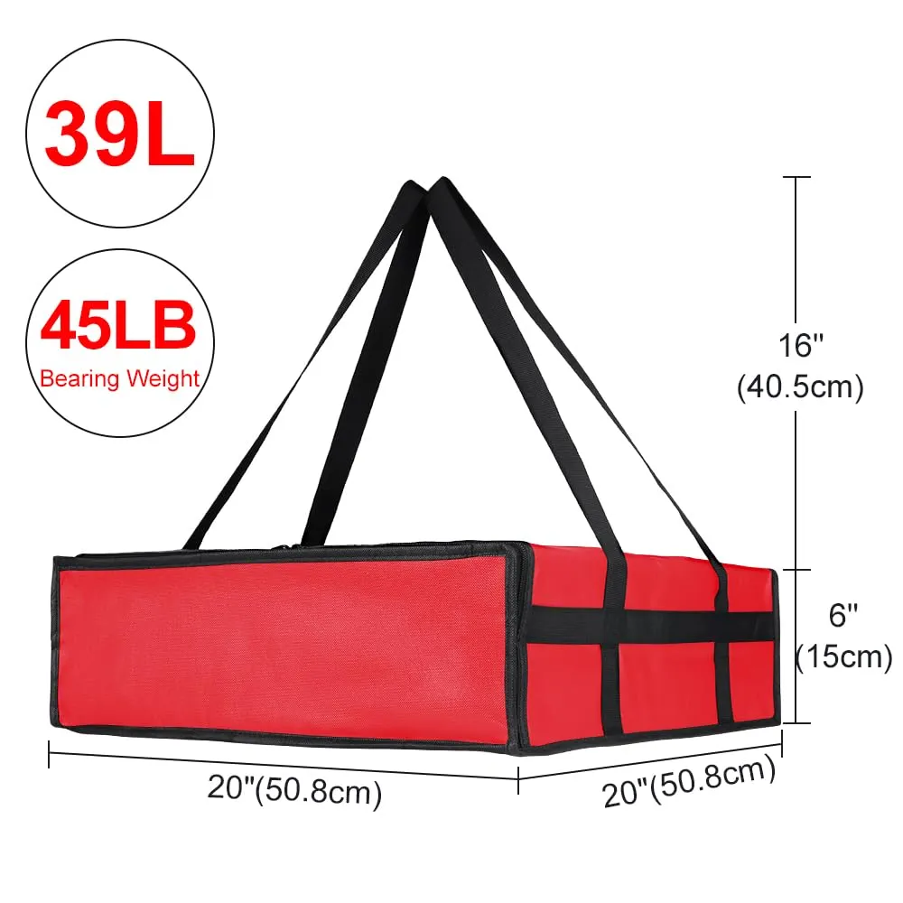 Insulated Pizza Delivery Bag for Carry Hot, 20" x 20" x 6" Carrier Warmer, Insulated Food Delivery Bag, Insulated Grocery Cooler Bags for Catering/Doordash, Commercial Food Warmers（Red, 1Pk）