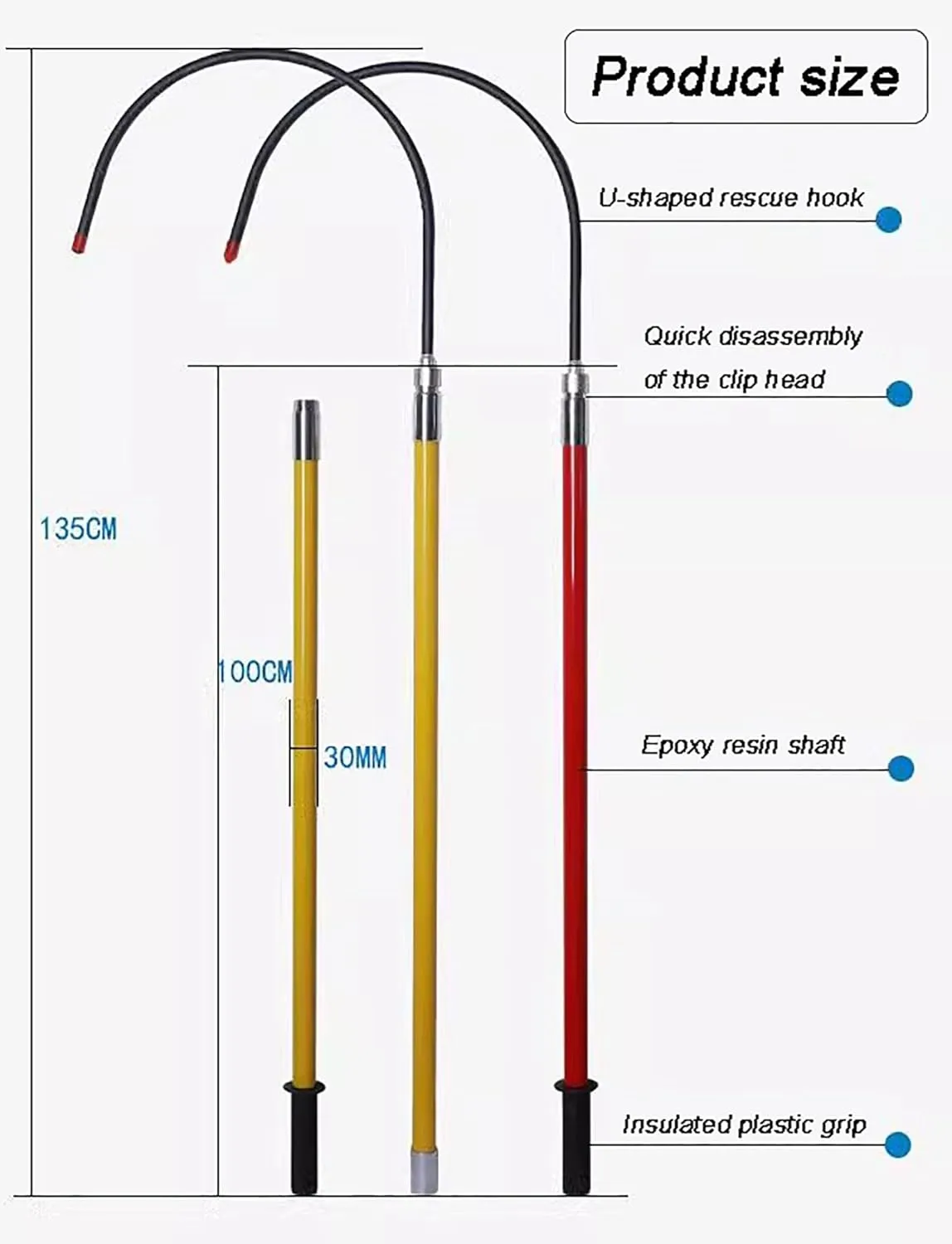 Insulated Rescue Hook with Extendable Fiberglass Pole - 10ft High Voltage Hot Stick for Electrical Safety, Anti-Shock Tool for Emergency Rescue & Live Line Maintenance(300cm/9.8ft)