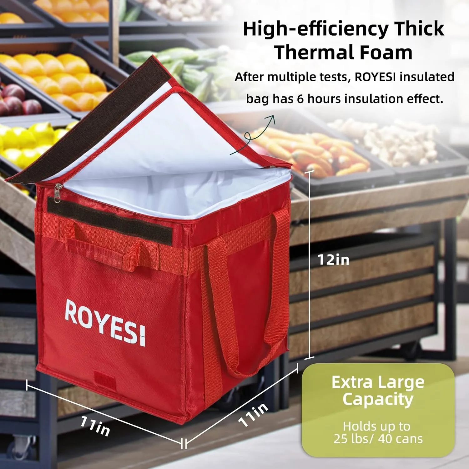 Insulated Reusable Grocery Bags With Zippered Top, Cooler Bags for Shopping, Travel, Frozen and Hot Food (Red)