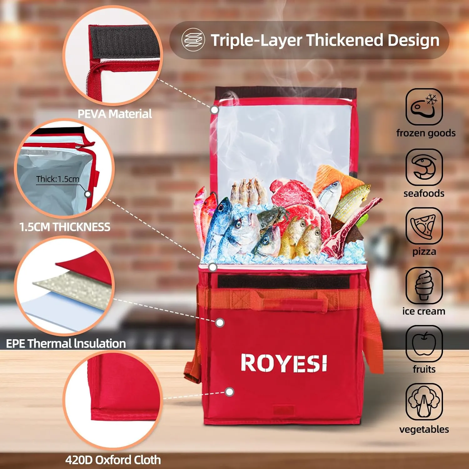 Insulated Reusable Grocery Bags With Zippered Top, Cooler Bags for Shopping, Travel, Frozen and Hot Food (Red)