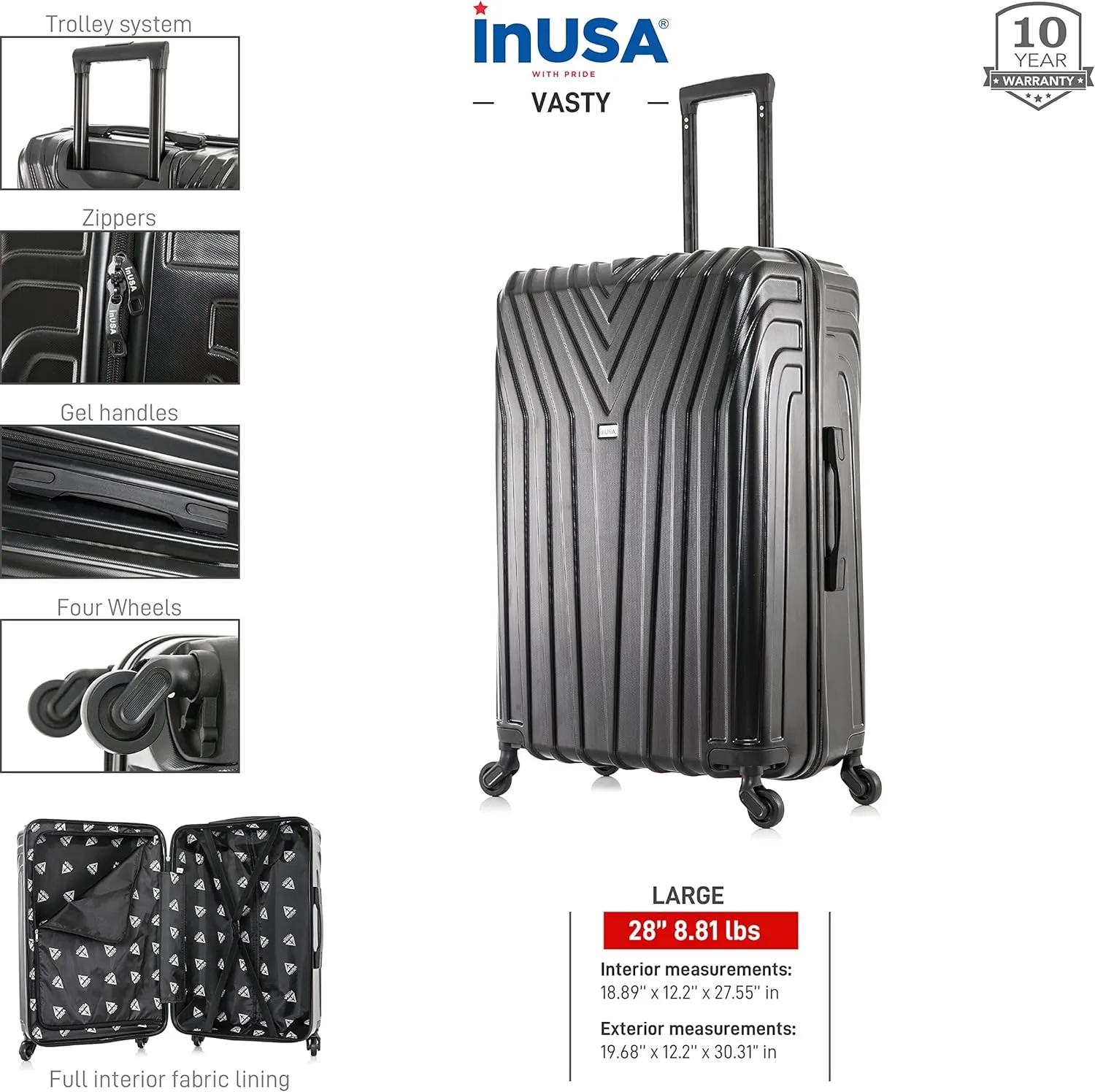 InUSA VASTY Luggage with Spinner Wheels | Durable Lightweight Hardside Suitcase, Travel Bag with Handle and Trolley, 28-Inch Large Checked Luggage | Black