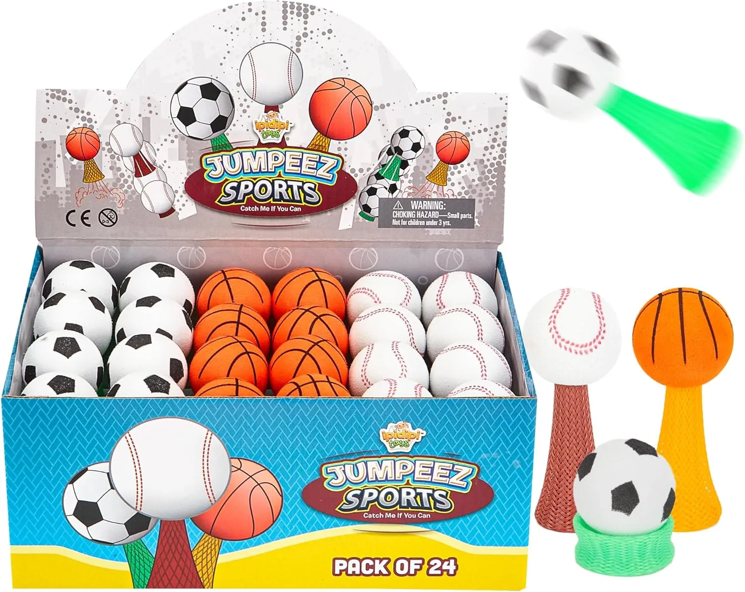 IPIDIPI TOYS Jumpeez Sports Rocket Poppers – Fun Bounce Fidget Spring Games, Classroom Party Favors, Cool Goodie Bag Stuffer for Kids - Mini Sports Balls - Pack of 24
