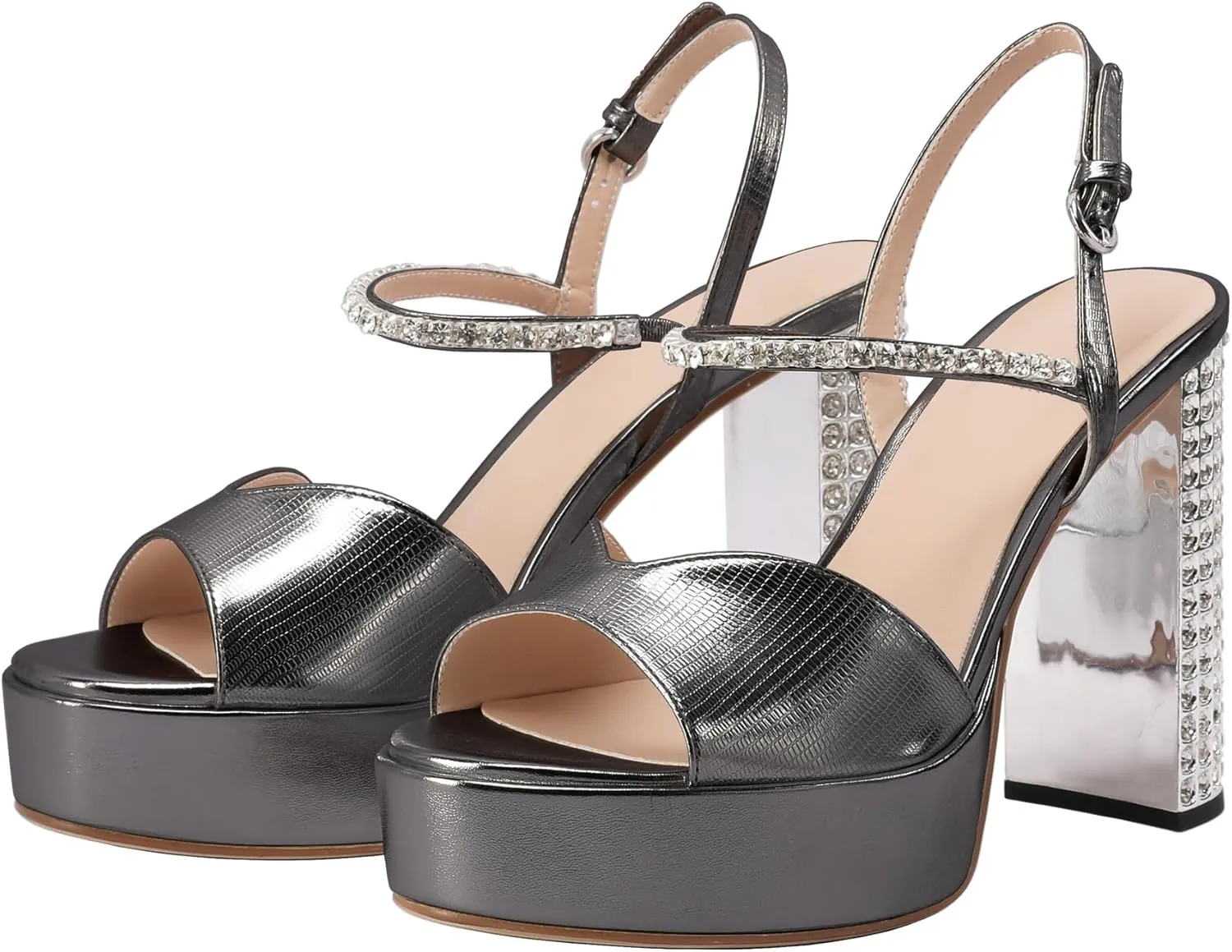 JANSEVEN Rhinestone Sandals Women Crystal Heels Platform Chunky Heel Ankle Strap Sparkling Sandals Peep Toe Sexy Dress Bridal Wedding Party Shoes