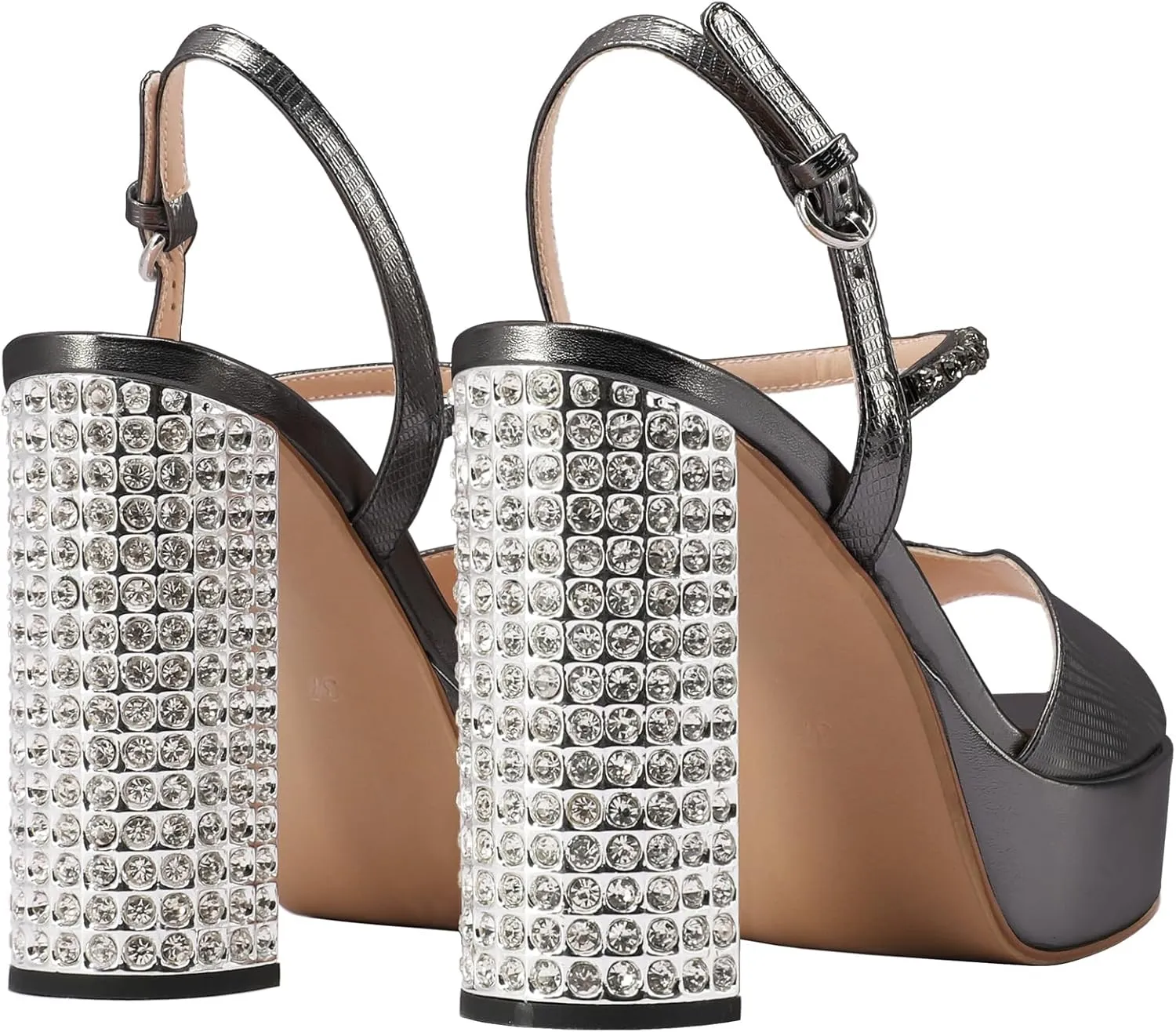 JANSEVEN Rhinestone Sandals Women Crystal Heels Platform Chunky Heel Ankle Strap Sparkling Sandals Peep Toe Sexy Dress Bridal Wedding Party Shoes