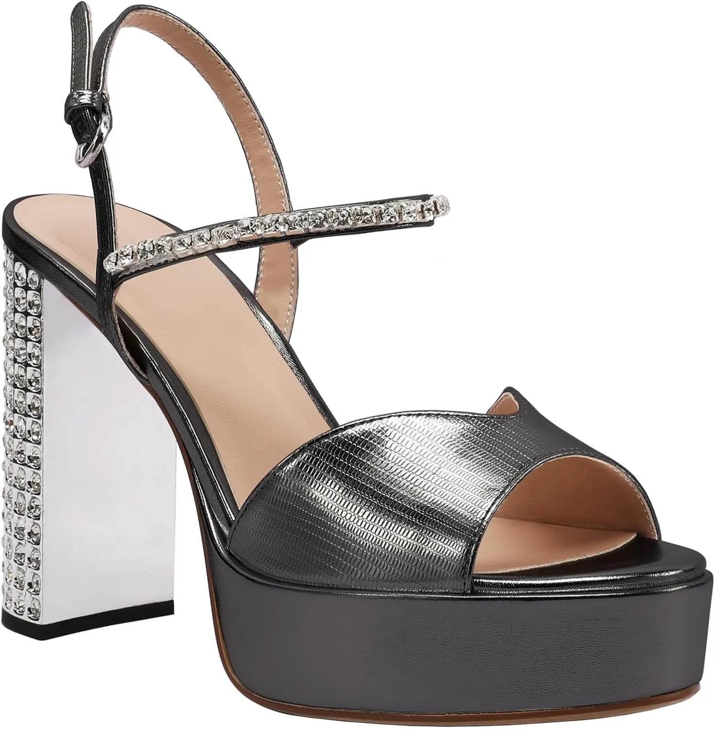 JANSEVEN Rhinestone Sandals Women Crystal Heels Platform Chunky Heel Ankle Strap Sparkling Sandals Peep Toe Sexy Dress Bridal Wedding Party Shoes