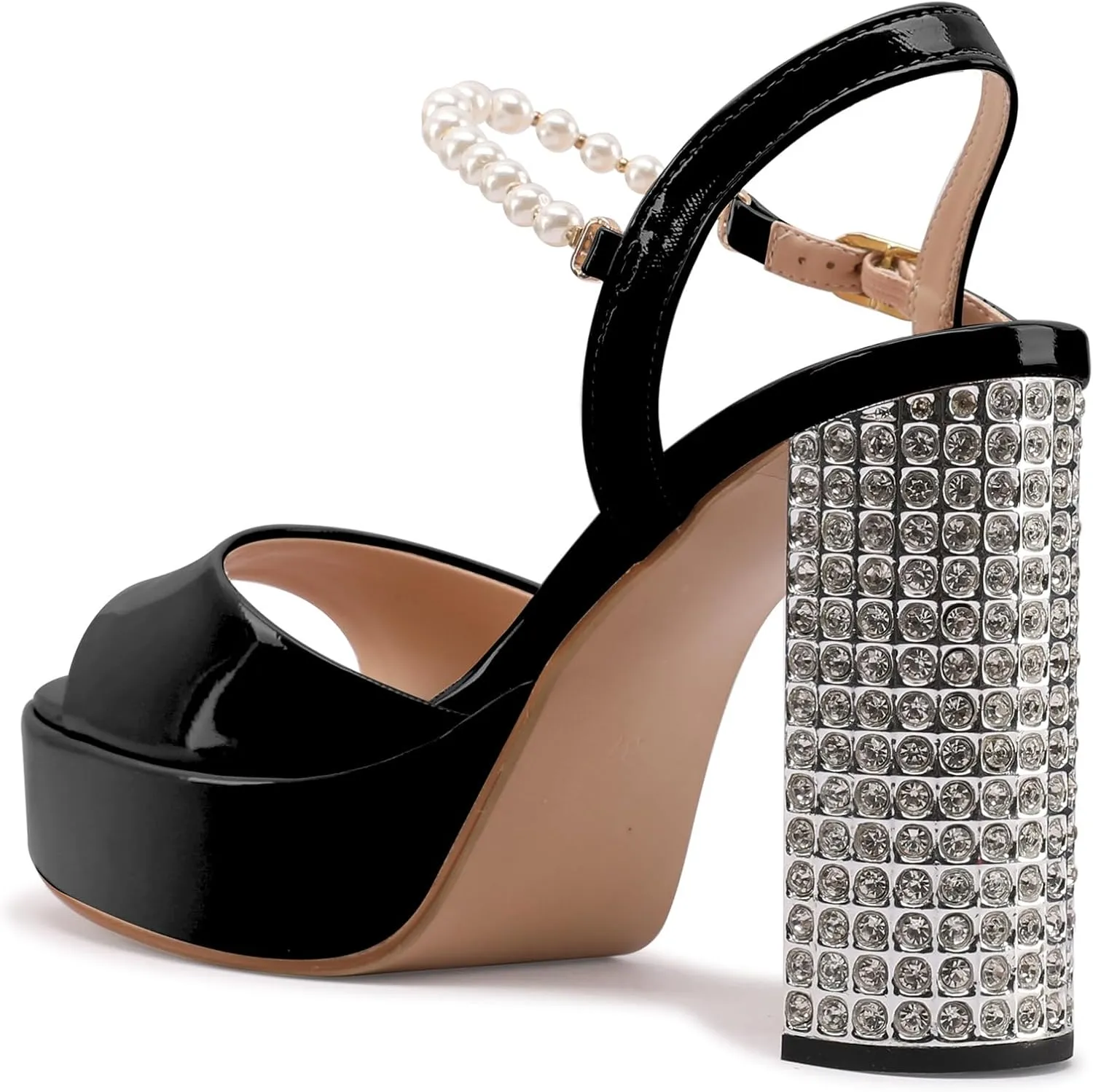 JANSEVEN Rhinestone Sandals Women Crystal Heels Platform Chunky Heel Ankle Strap Sparkling Sandals Peep Toe Sexy Dress Bridal Wedding Party Shoes