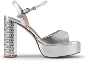 JANSEVEN Rhinestone Sandals Women Crystal Heels Platform Chunky Heel Ankle Strap Sparkling Sandals Peep Toe Sexy Dress Bridal Wedding Party Shoes