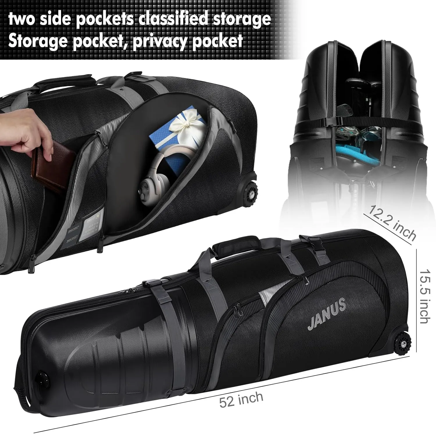 JANUS Golf Travel Bags for Airlines with Wheels, Hard Case Top and 1980D Heavy Duty Oxford Protect Golf Clubs, Lightweight and Easy to Maneuver